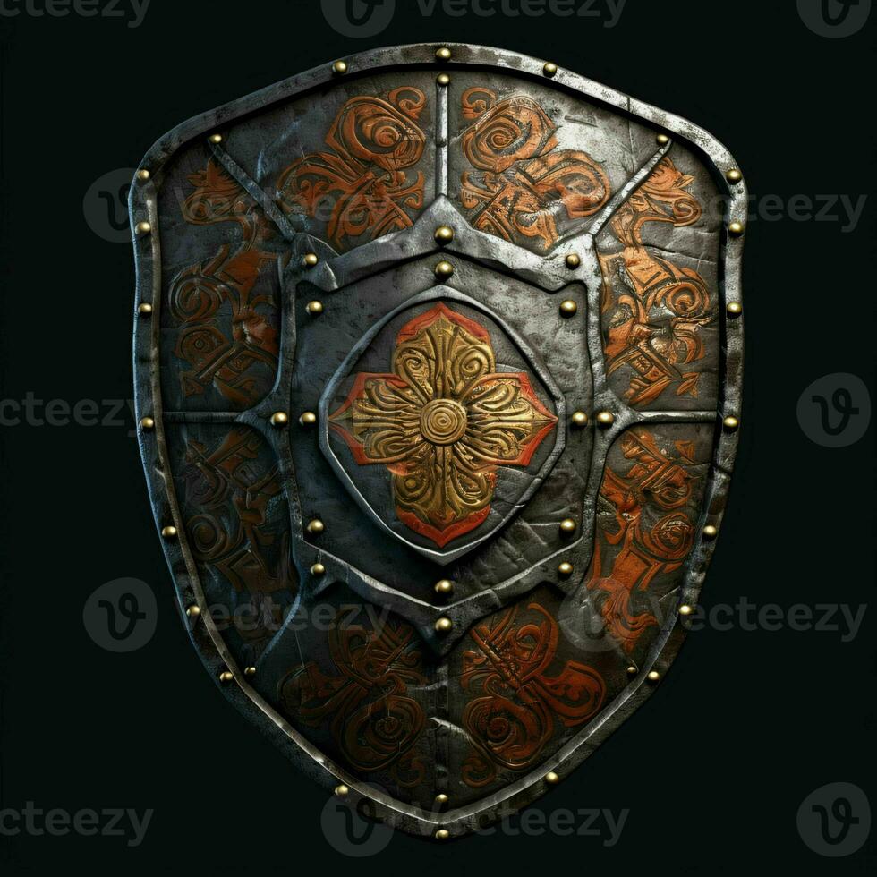 AI generated Rusty Medieval Shield with War Torn Effect Isolated on Black Background. Generative AI photo