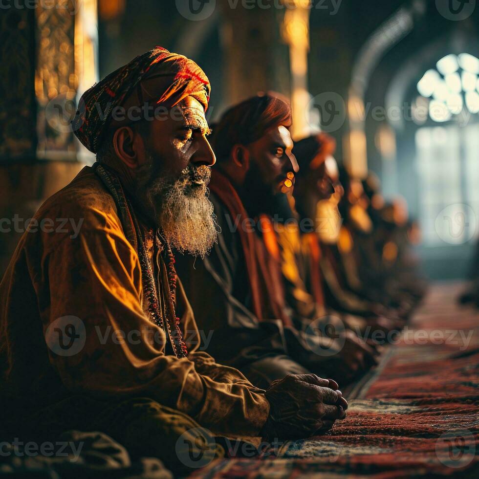 AI generated Muslim Man Praying at a Mosque with Sunlight Effect. Worshiping God. Generative AI photo