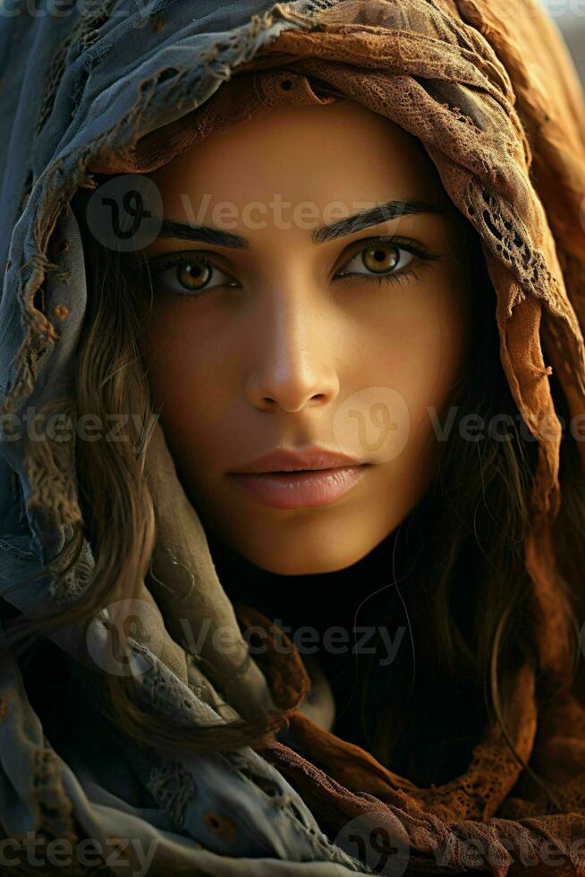 ai generado retrato de hermosa velado árabe mujer con Desierto antecedentes. cerca arriba de medio oriental mujer con hermosa ojos. generativo ai foto