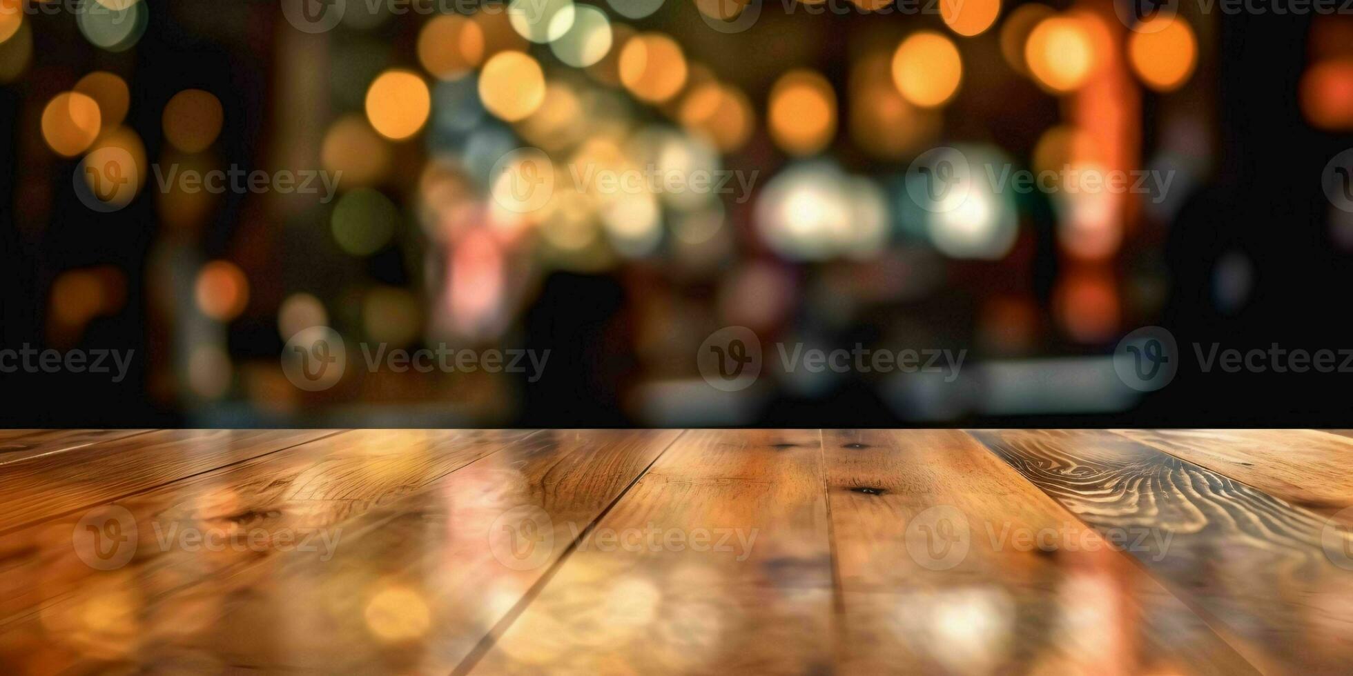 AI generated Empty Wooden Table with Bokeh Cafe Background and Golden Lights. Generative AI photo