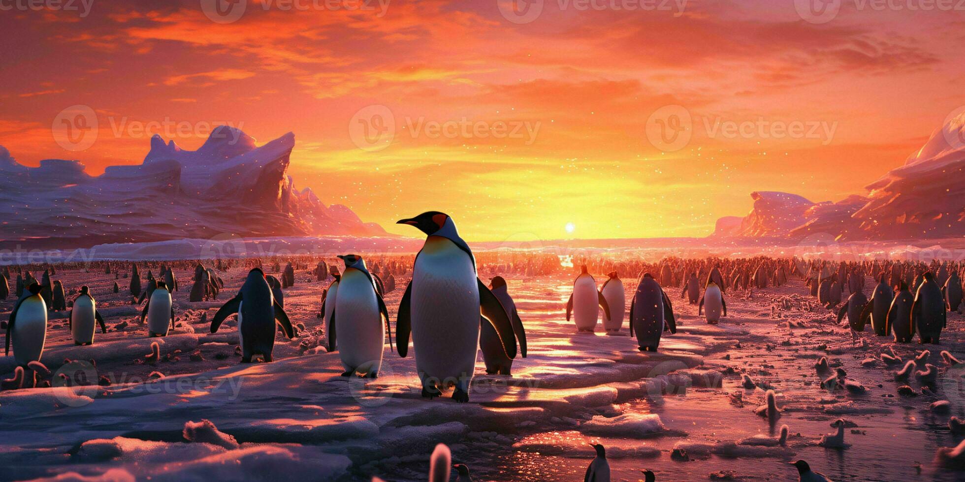 AI generated Penguin Colony on the Beach with Beautiful Sunset View. Generative AI photo