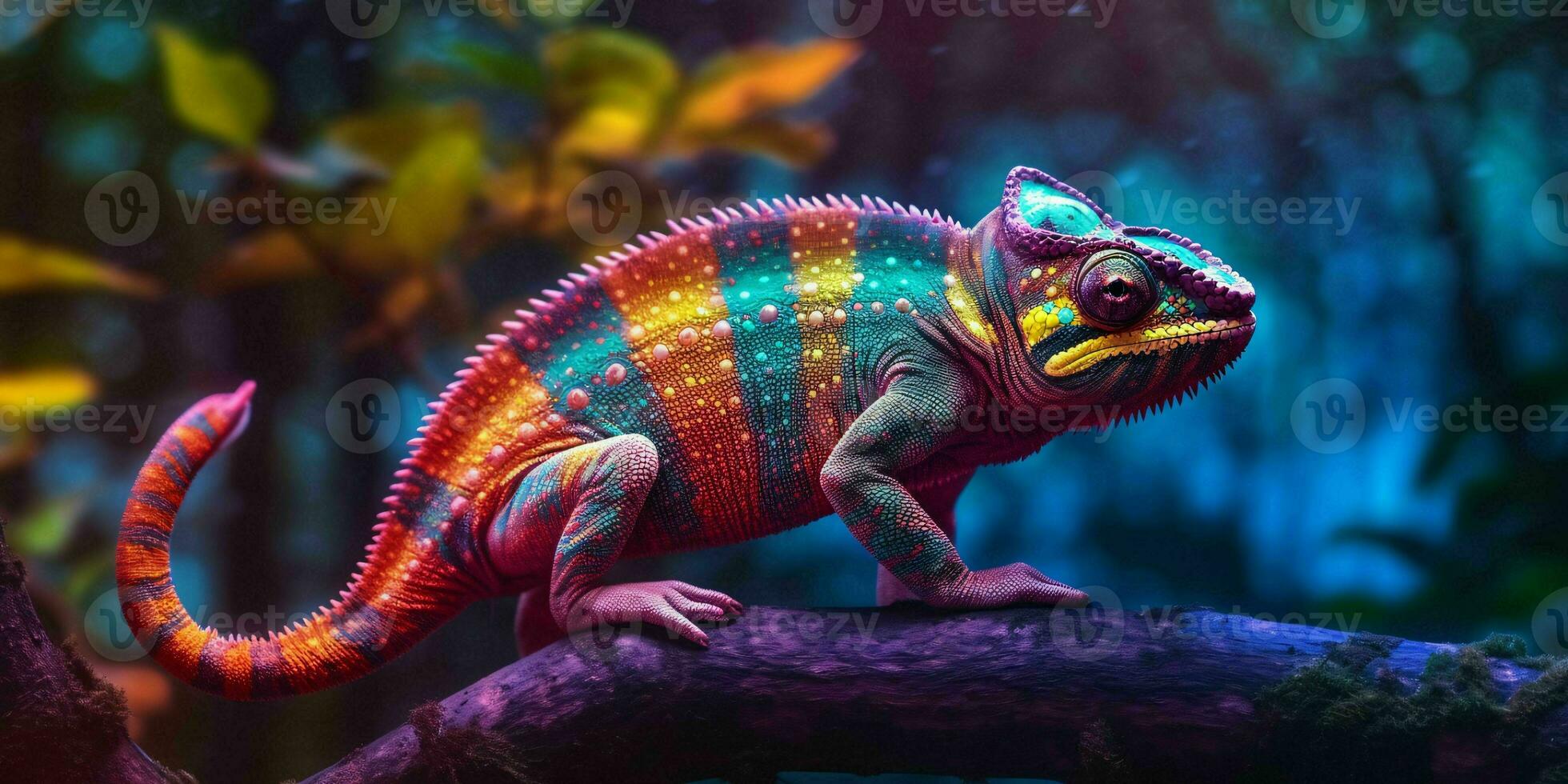 AI generated Colorful Chameleon Perched on a Tree Branch with Vibrant Neon Light Effect. Digital Art. Generative AI photo