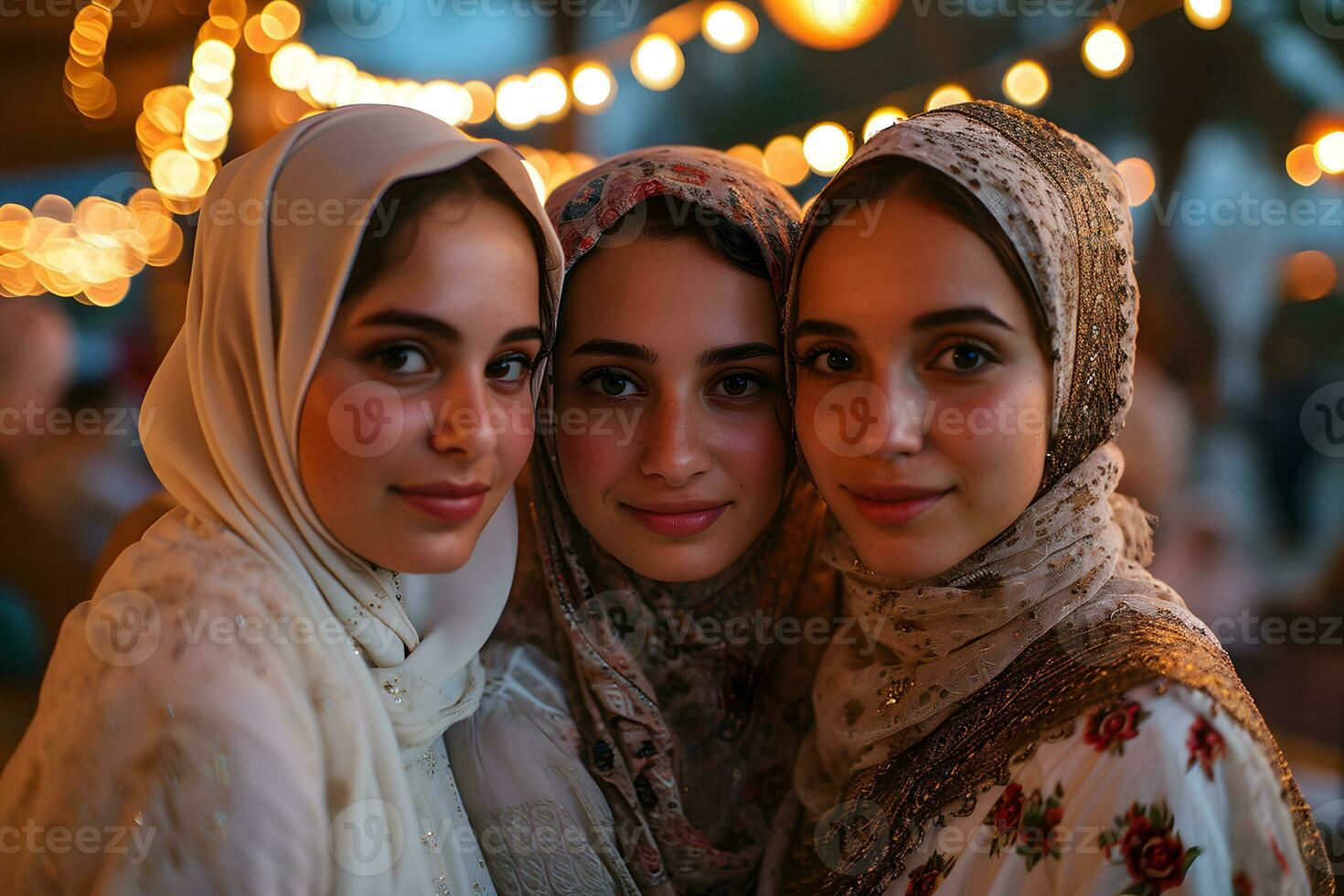 AI generated Group of happy muslim women wearing hijab taking selfie with mobile phone at sunset. Generative Ai photo