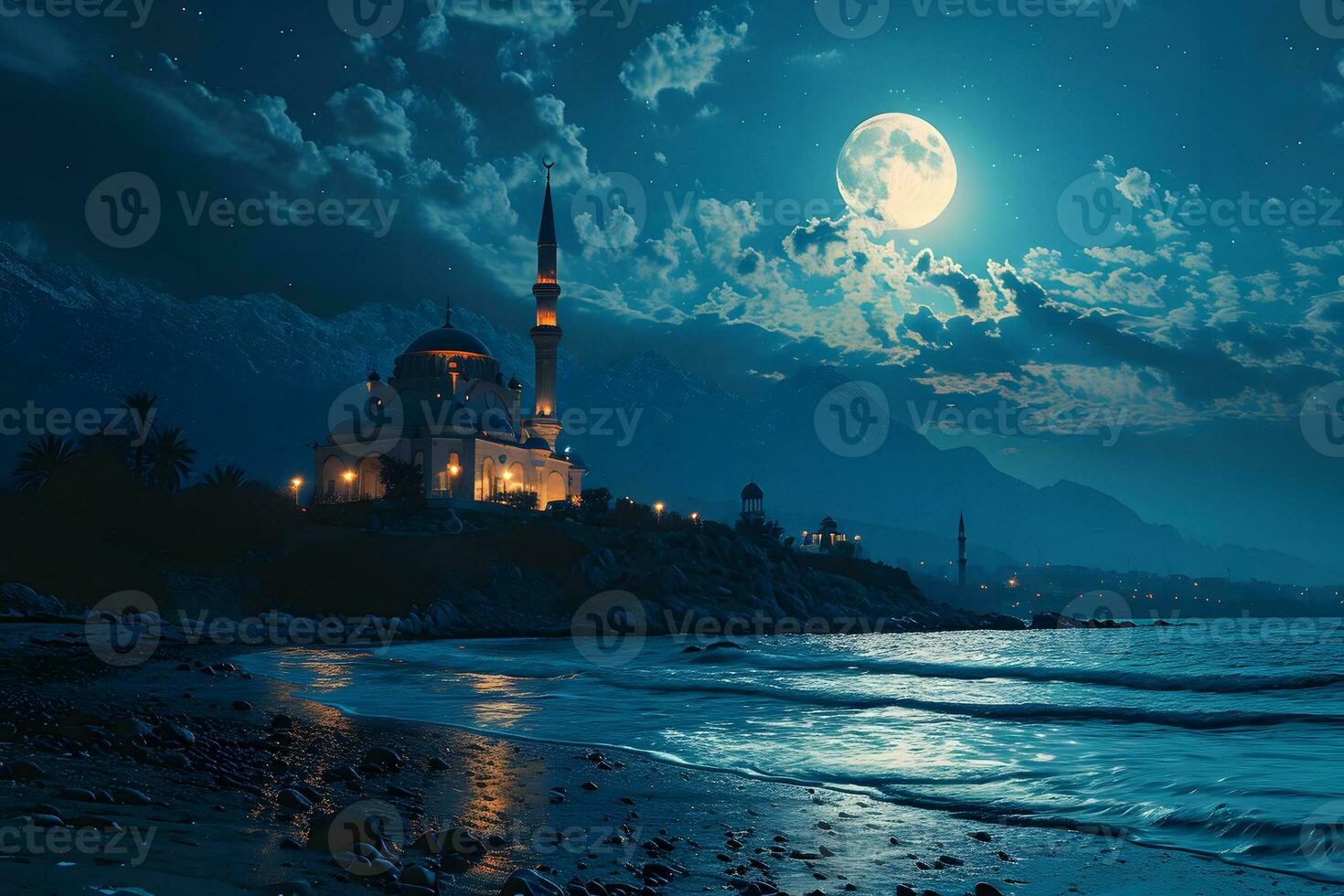 AI generated A Magnificent Mosque with a Beautiful Sky View at Sunset. Generative AI photo