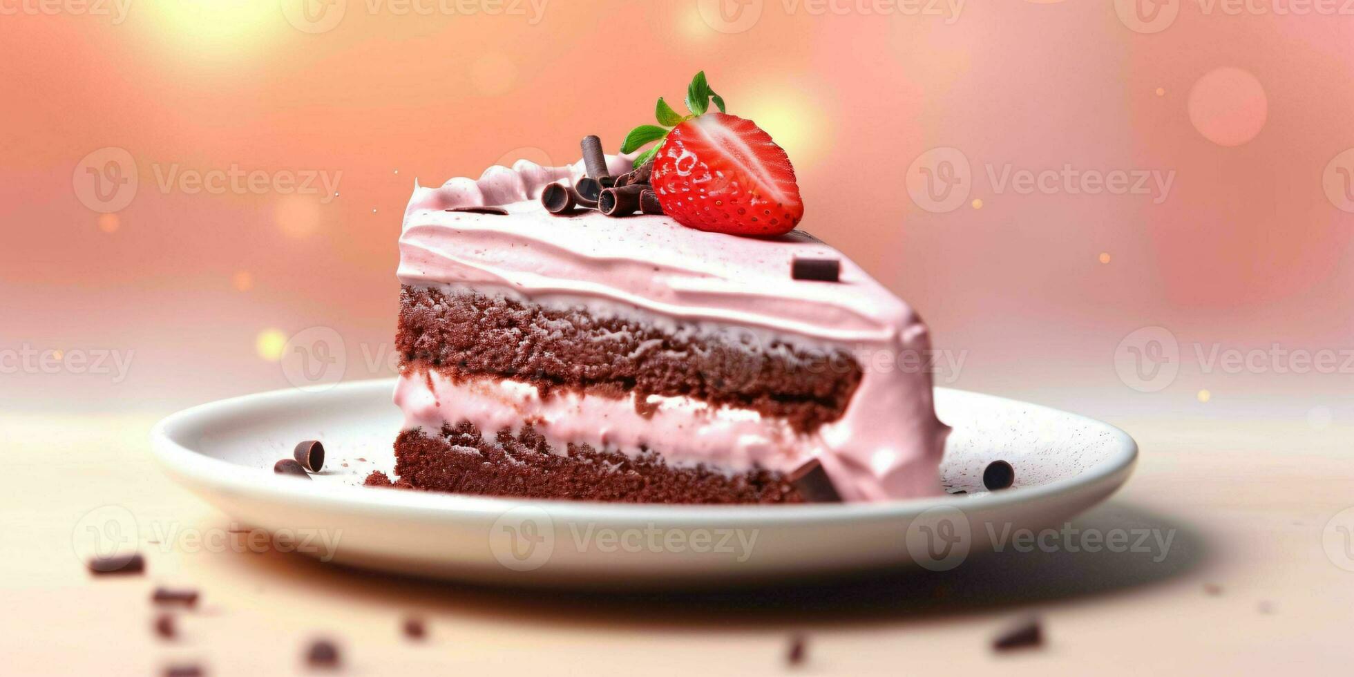 AI generated A Slice of Sweet Pink Cake with Strawberries and Cream on Top. Generative AI photo