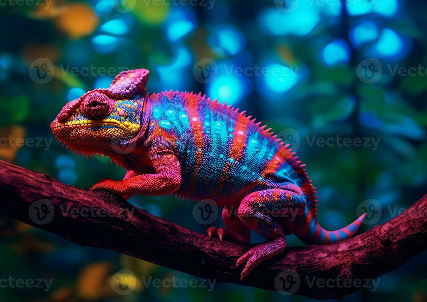 AI generated Colorful Chameleon Perched on a Tree Branch with Vibrant Neon Light Effect. Digital Art. Generative AI photo