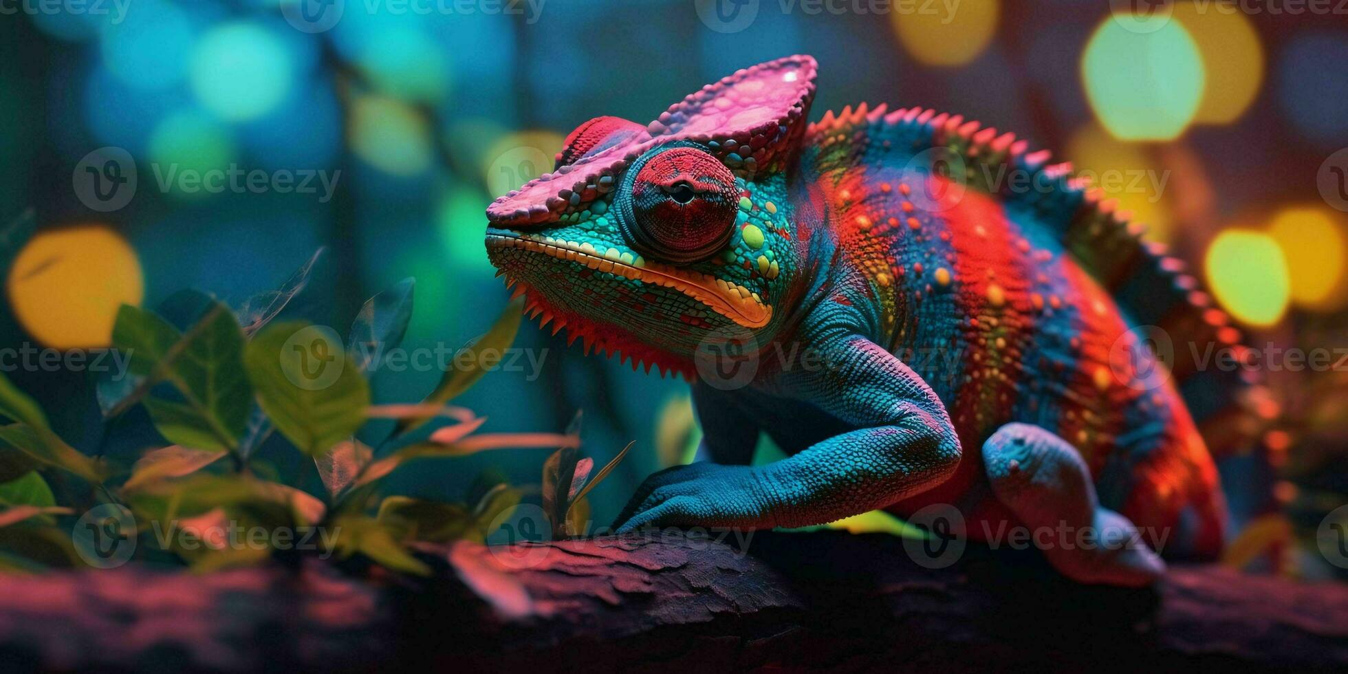 AI generated Colorful Chameleon Perched on a Tree Branch with Vibrant Neon Light Effect. Digital Art. Generative AI photo