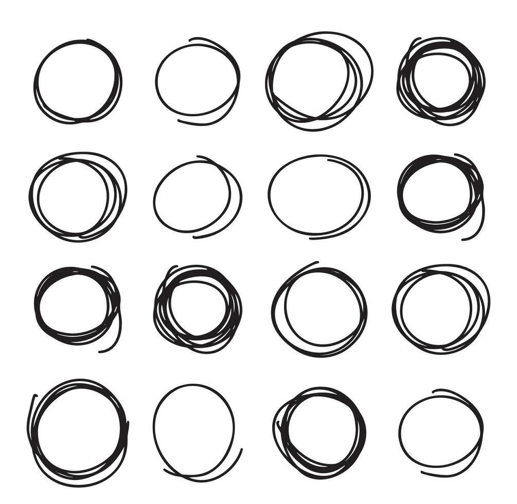 hand drawn circle black line scribbles set. vector