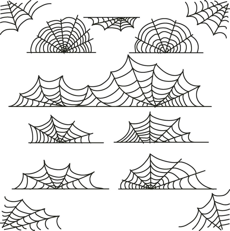 Víspera de Todos los Santos araña web, negro telaraña marcos, fronteras y esquinas de miedo telaraña con arañas vector