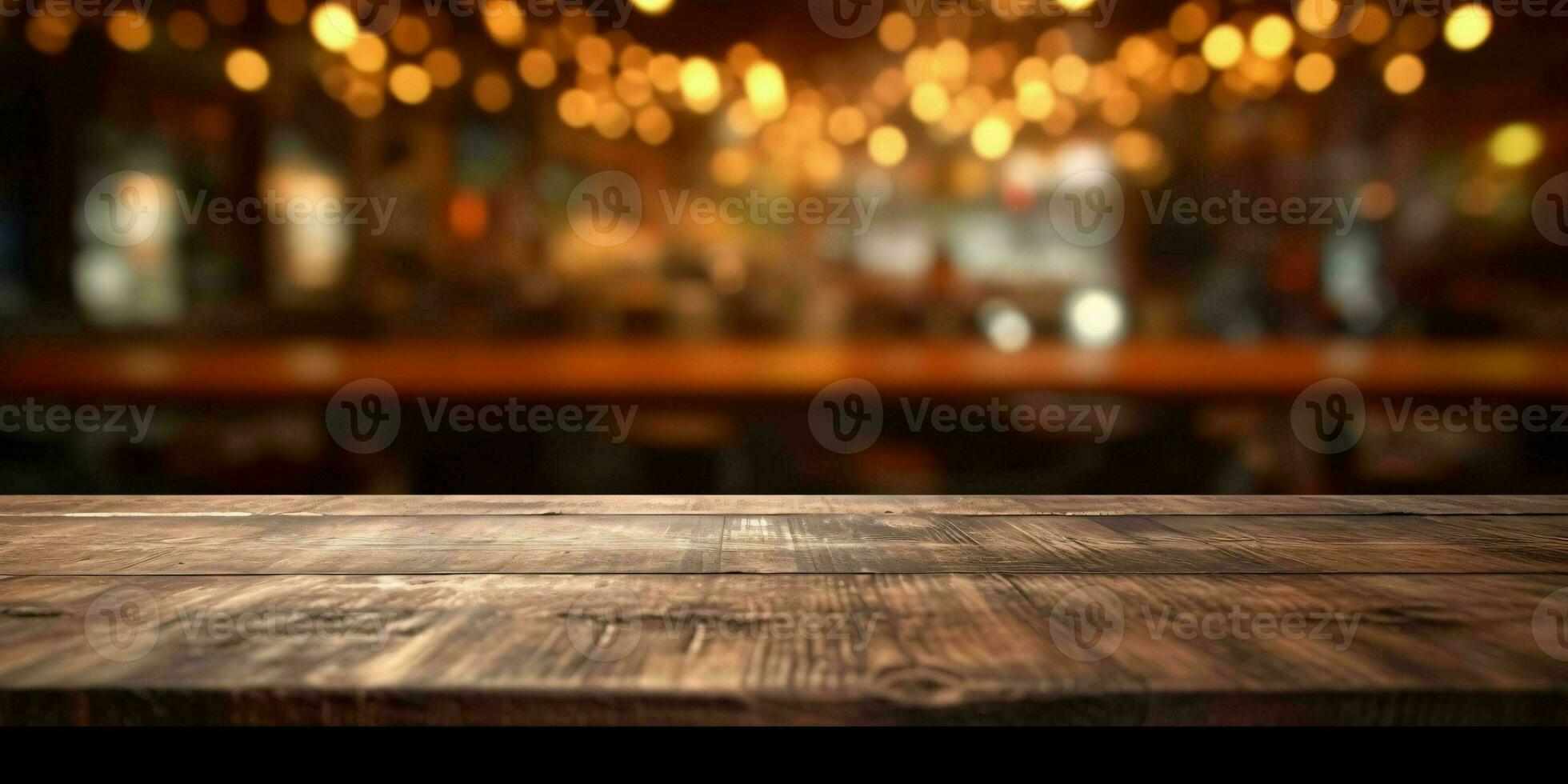 AI generated Empty Wooden Table with Bokeh Cafe Background and Golden Lights. Generative AI photo
