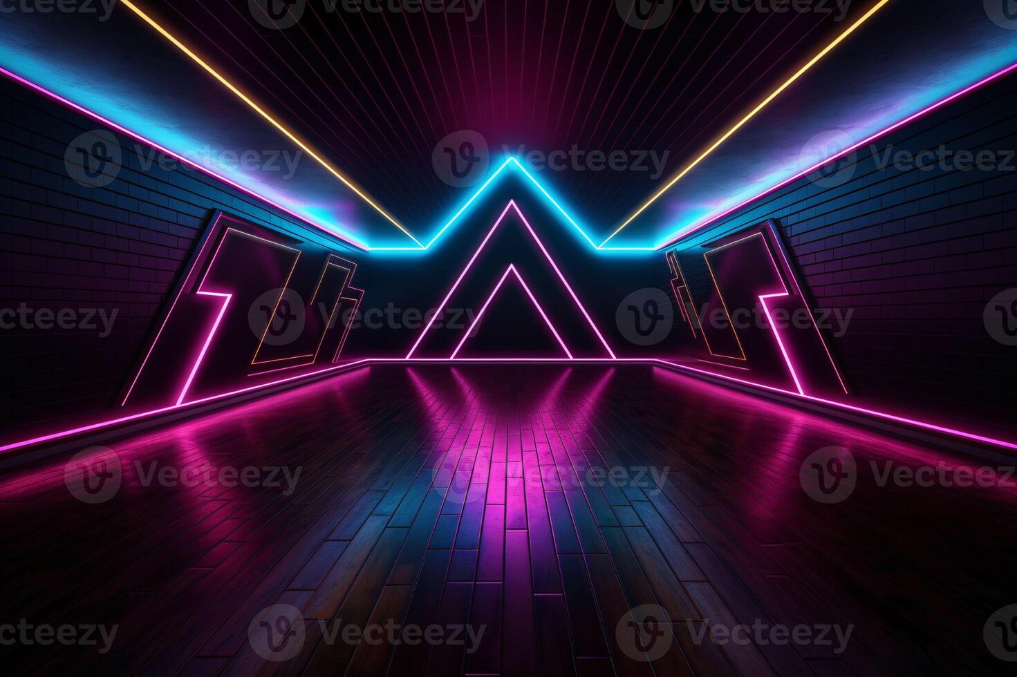 AI generated Modern Dark Room with Glowing Neon Lines with Retro 80s Style. Futuristic Interior with Laser Effect. Generative AI photo