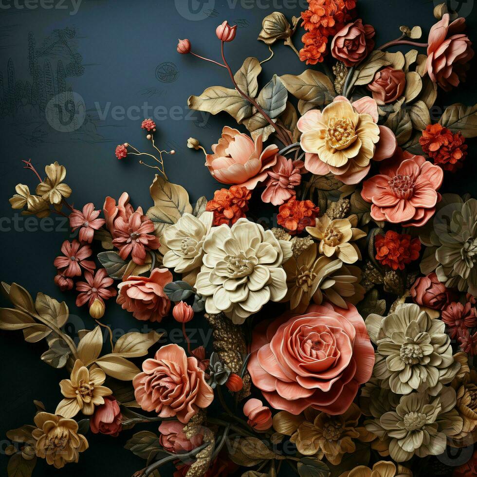 AI generated Beautiful Blooming Flowers Illustration in Vintage Art Style. Exotic Floral Background. Generative AI photo