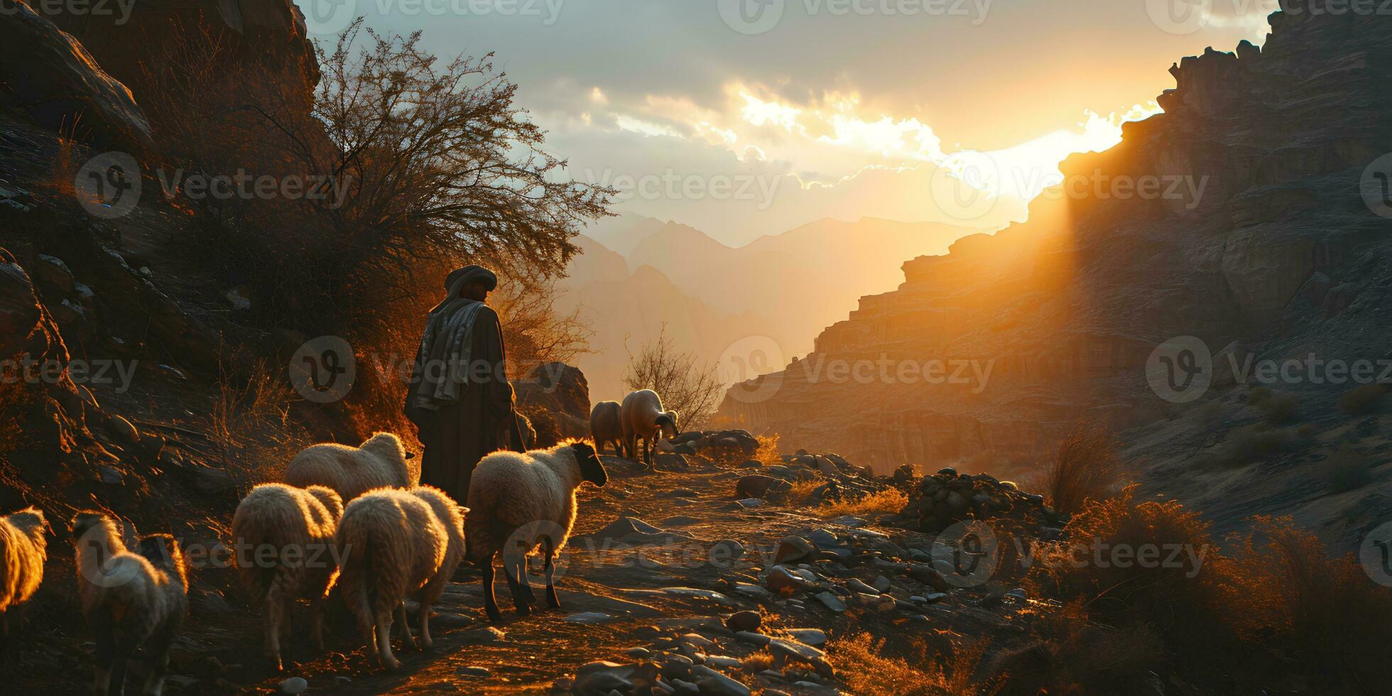 ai generado un medio oriental hombre manadas un rebaño de oveja en un Desierto Valle a puesta de sol. generativo ai foto