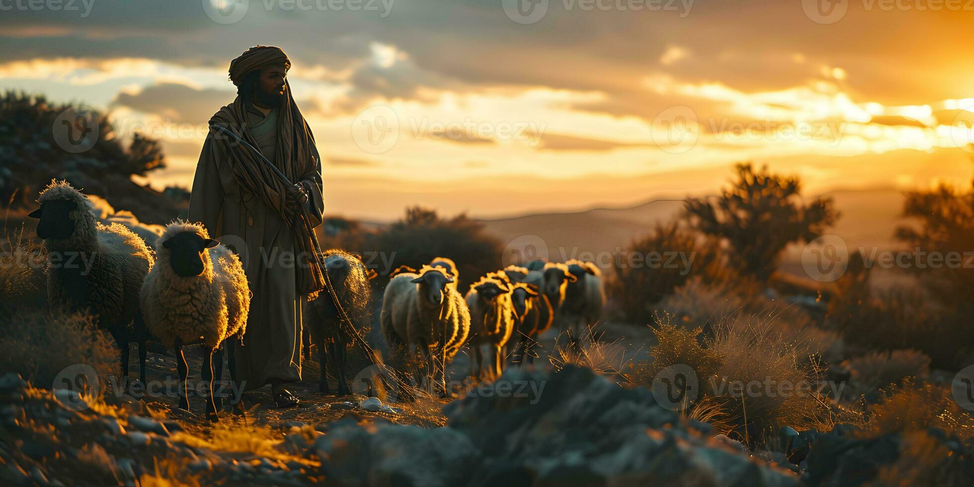 ai generado un medio oriental hombre manadas un rebaño de oveja en un Desierto Valle a puesta de sol. generativo ai foto