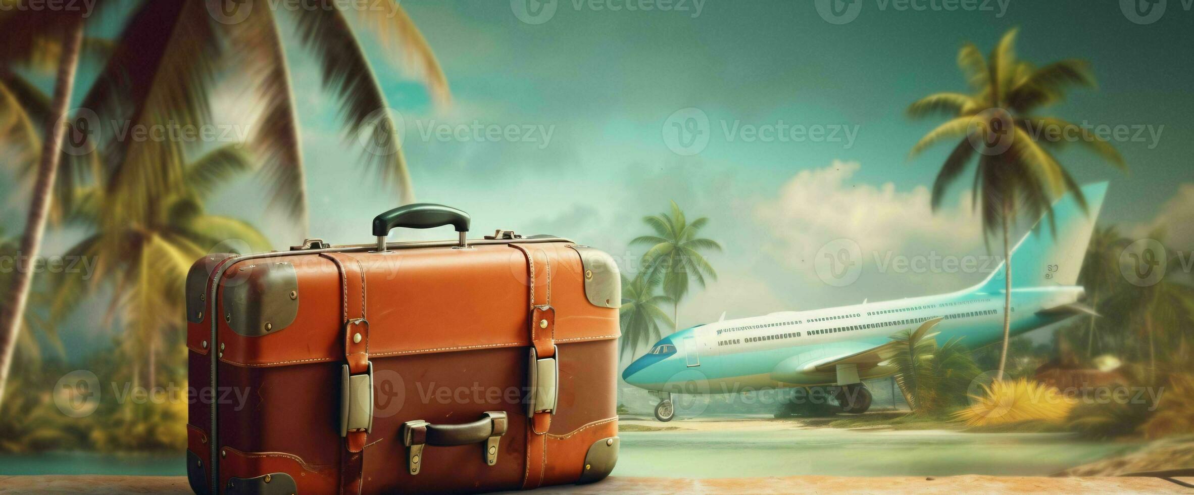 AI generated Suitcase in Airport with Tropic Beach Background. Generative AI photo