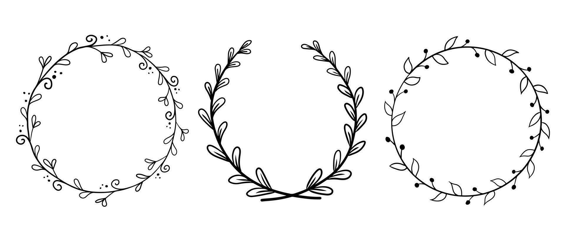 Doodle contour hand drawn floral round frames. Set of vector isolated black outline frames for stickers, cards on white background. Templates for wedding, anniversary or celebrating card or invitation