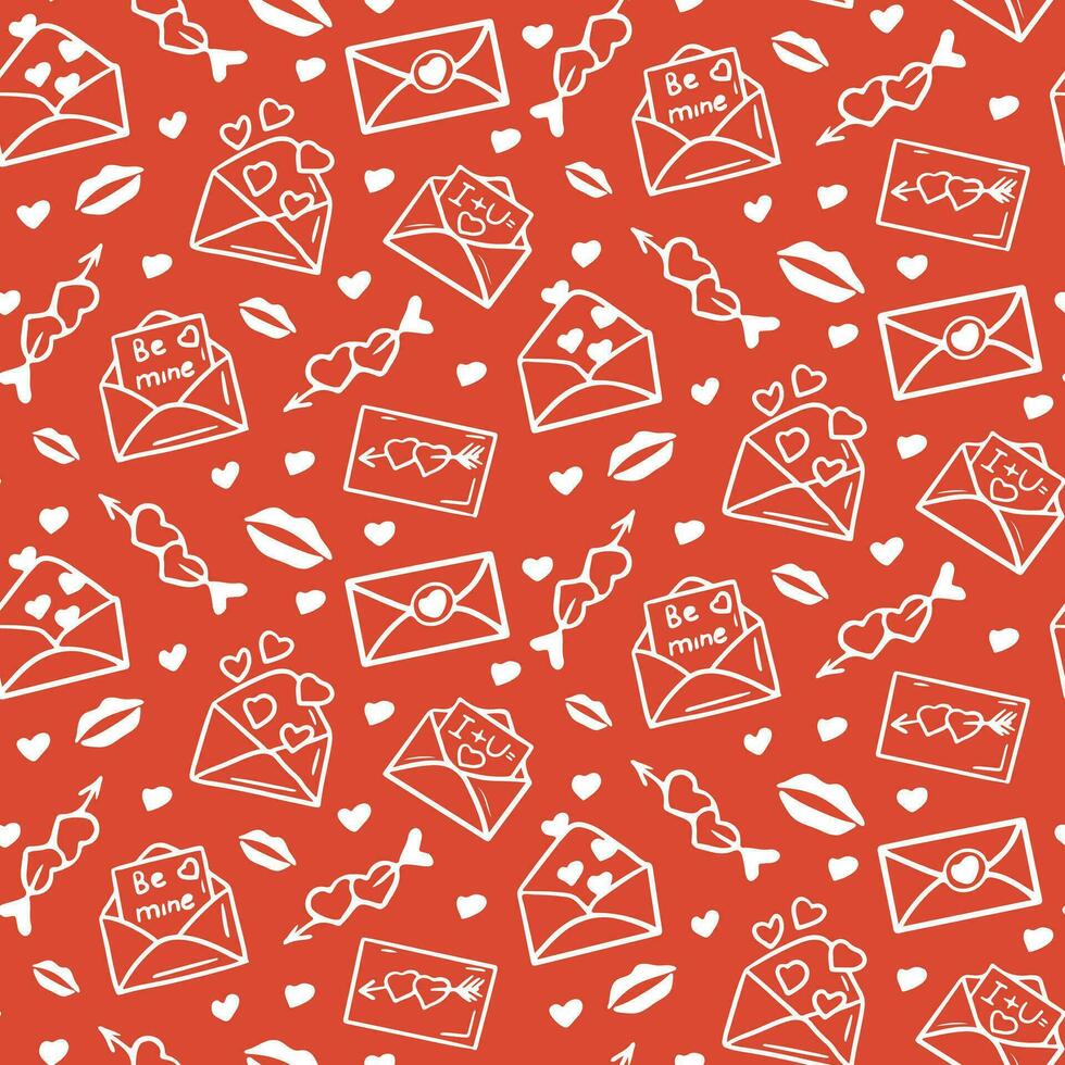 Valentines seamless pattern with outline envelopes, hearts and kisses. St Valentines day concept pattern. Vector isolated white elements on red background. Trendy print design for textile, wallpaper