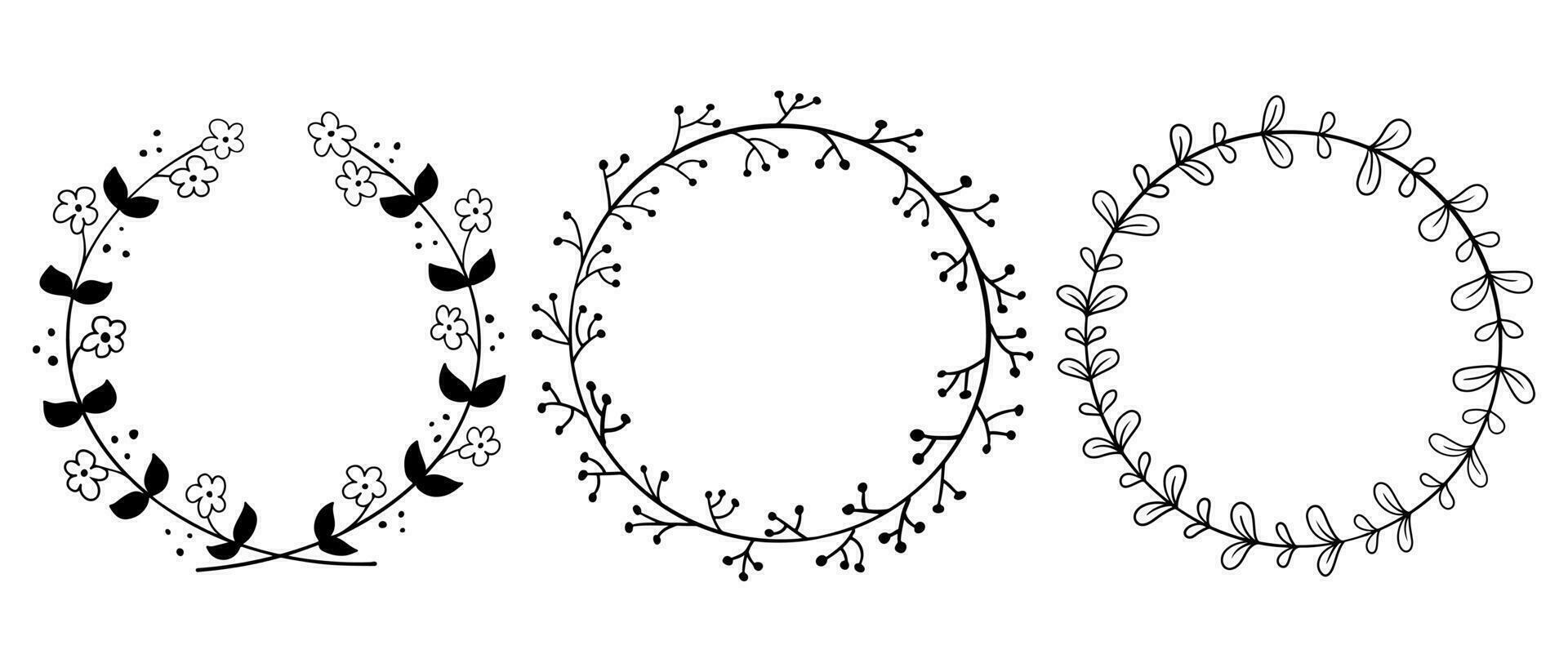 Doodle outline hand drawn floral wreaths or frames. Set of vector isolated black contour round frames for stickers, cards on white background. Templates for wedding, anniversary card or invitation