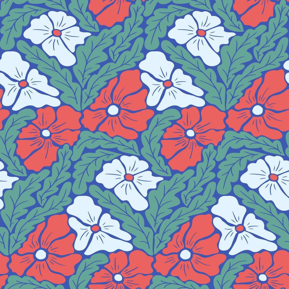 Bold colored floral mosaic seamless pattern. Flat abstract hand drawn cut out flowers and leaves. Unique retro botanical print design for textile, wallpaper, interior, wrapping paper vector