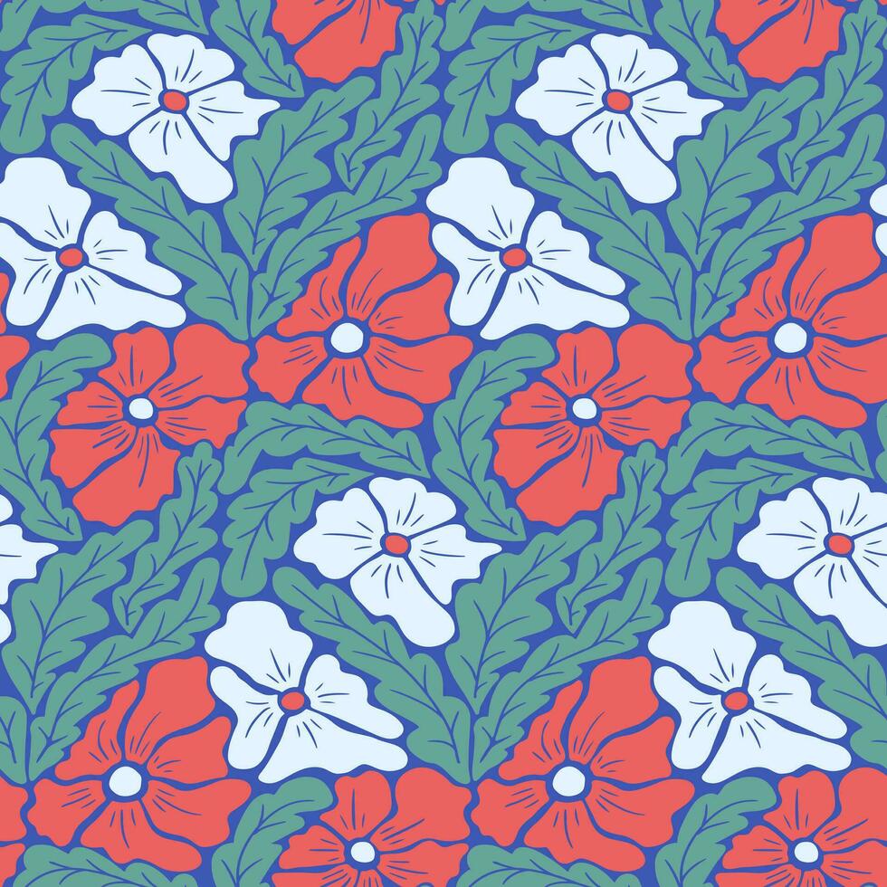 negrita de colores floral mosaico sin costura modelo. plano resumen mano dibujado cortar fuera flores y hojas. único retro botánico impresión diseño para textil, fondo de pantalla, interior, envase papel vector