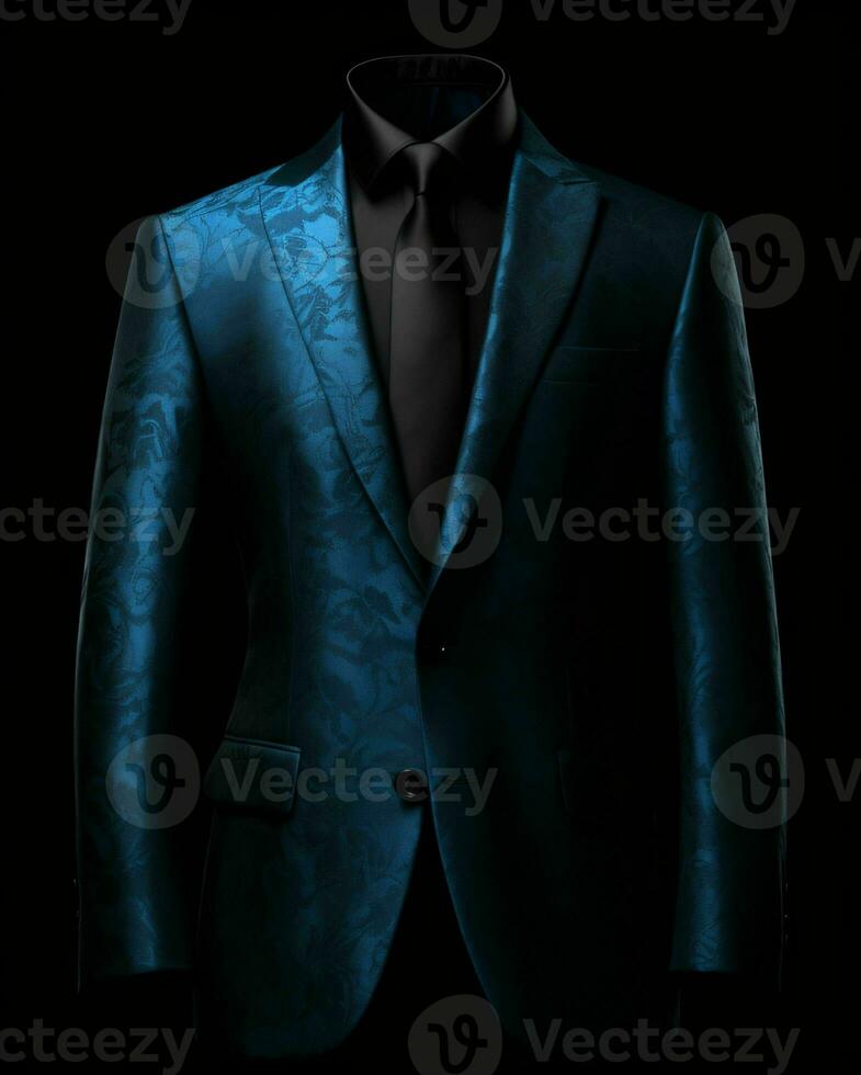 ai generado elegante azul de los hombres traje aislado en negro antecedentes. generativo ai foto