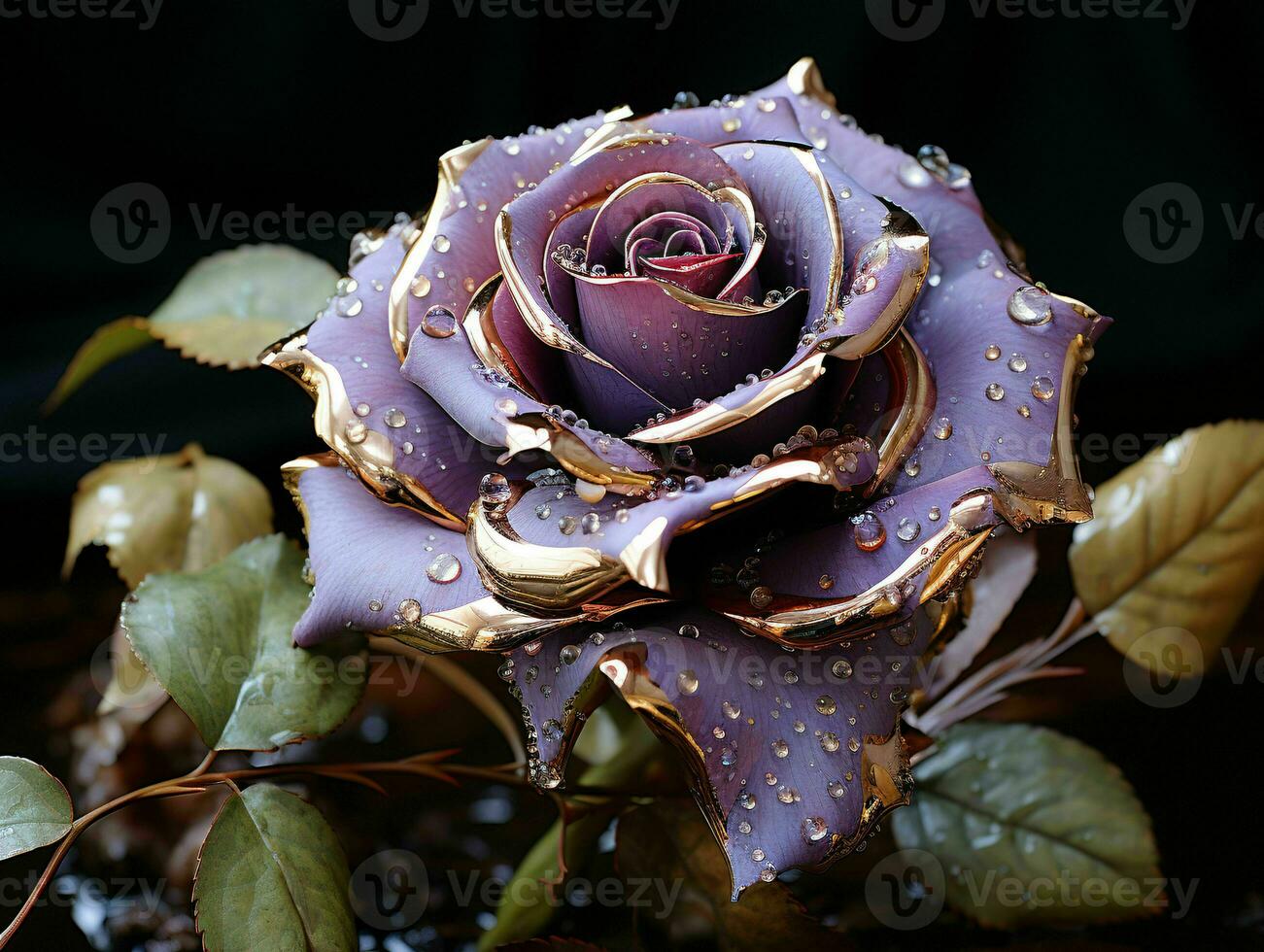 ai generado púrpura y oro vaso Rosa flor con agua gotas en eso aislado en negro antecedentes. generativo ai foto