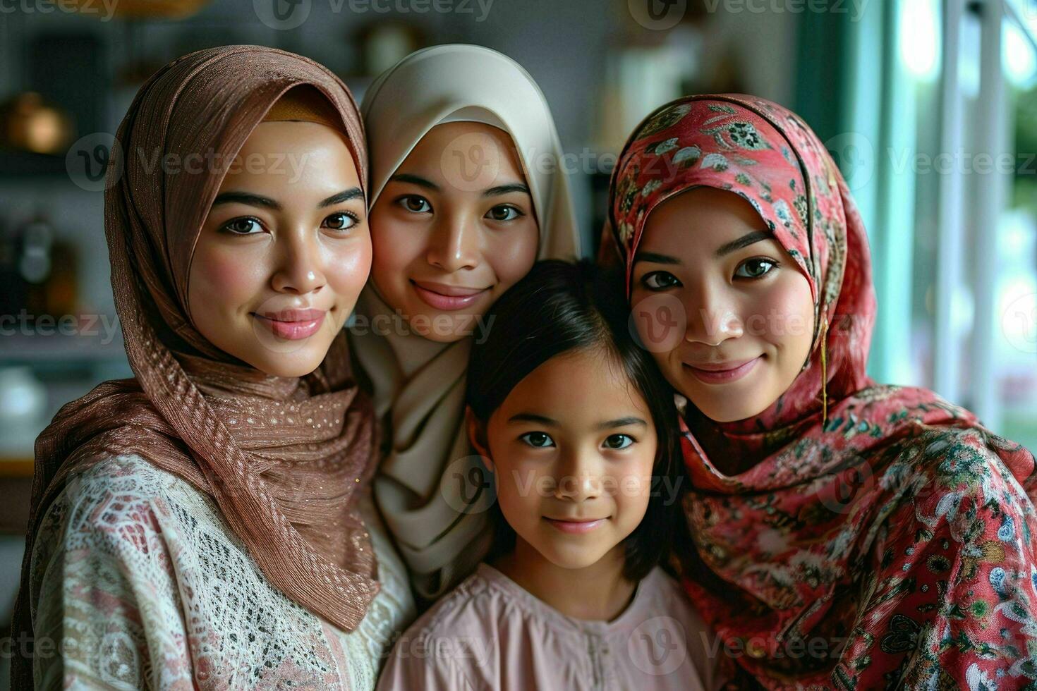 AI generated Portrait of a Happy Asian Muslim Family in Traditional Clothes. Generative AI photo