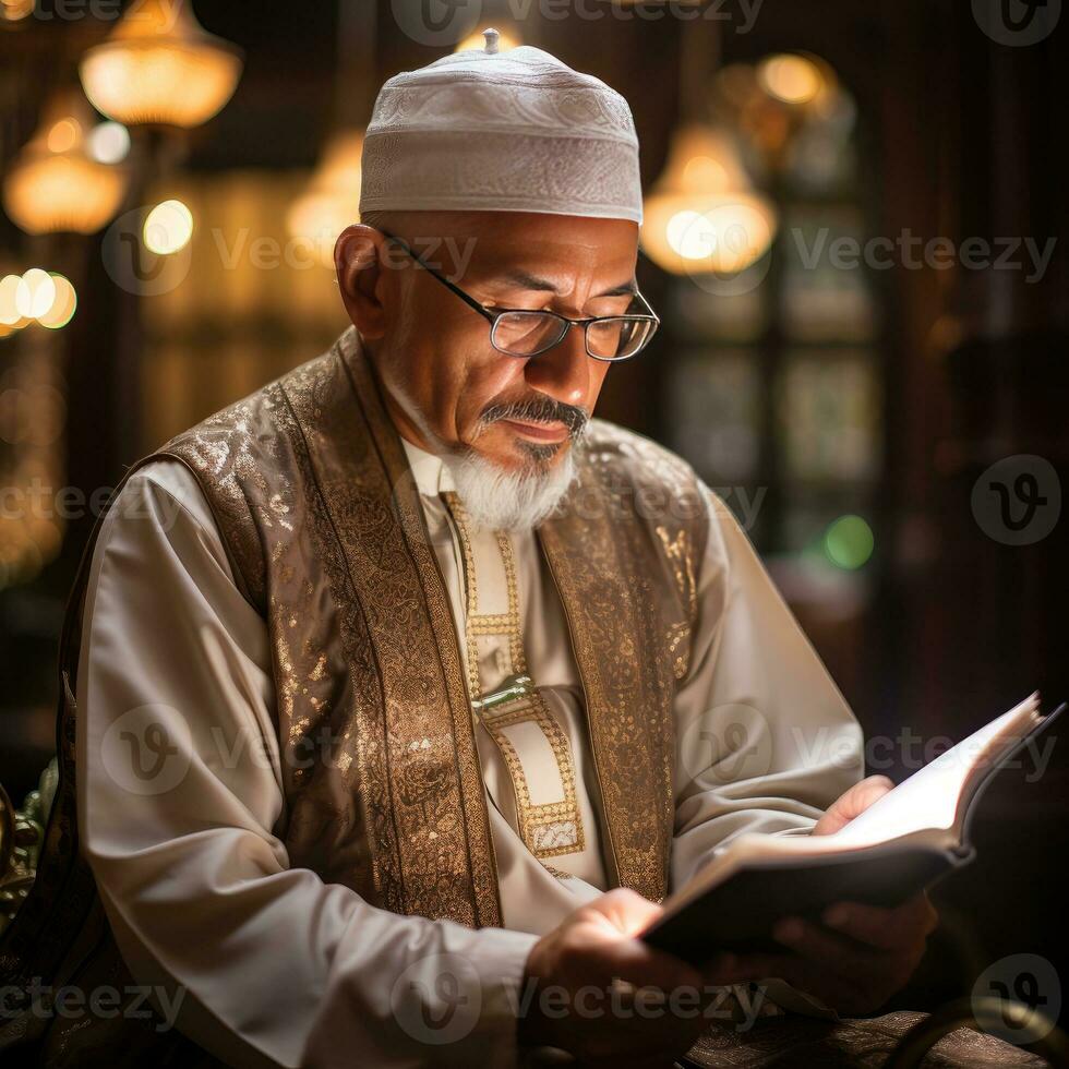 AI generated An elderly Muslim man reads the Al Quran by candlelight. Generative Ai photo