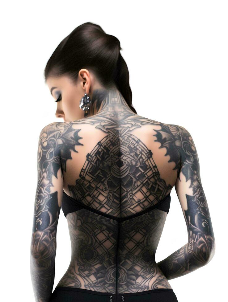 ai generado un hermosa mujer vestido en escaso ropa, Delgado negro tatuajes serpenteando todas terminado su cuerpo, foto tomado desde el atrás, estudio foto, aislado blanco fondo, ai generativo