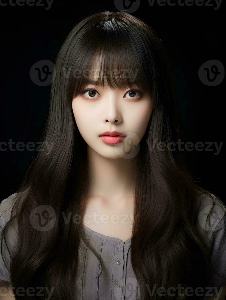 AI generated Portrait of beautiful young Korean woman with long straight hair with soft bangs, AI Generative photo