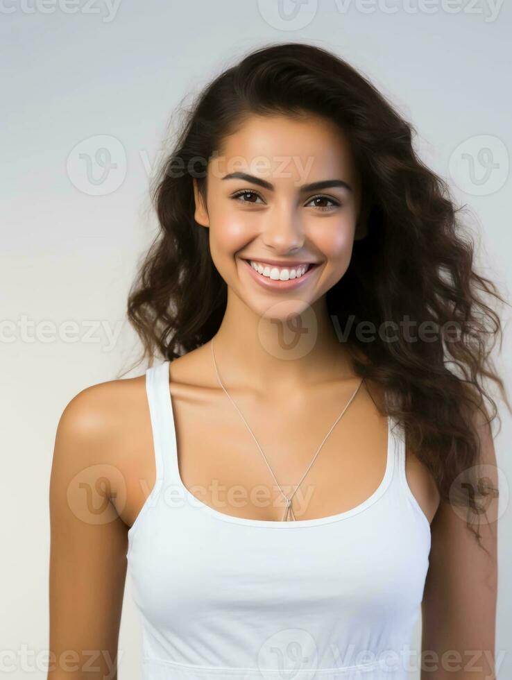 ai generado retrato de un hermosa joven latín mujer con limpiar blanco piel vistiendo un tanque arriba, como un belleza modelo foto, hermosa sonrisa expresión foto