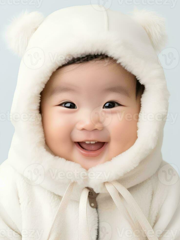 AI generated portrait of cute slanted eyed Japanese baby boy model, with smiling and laughing expression, 2 month old baby, studio photo, isolated white background, for advertising and web design photo