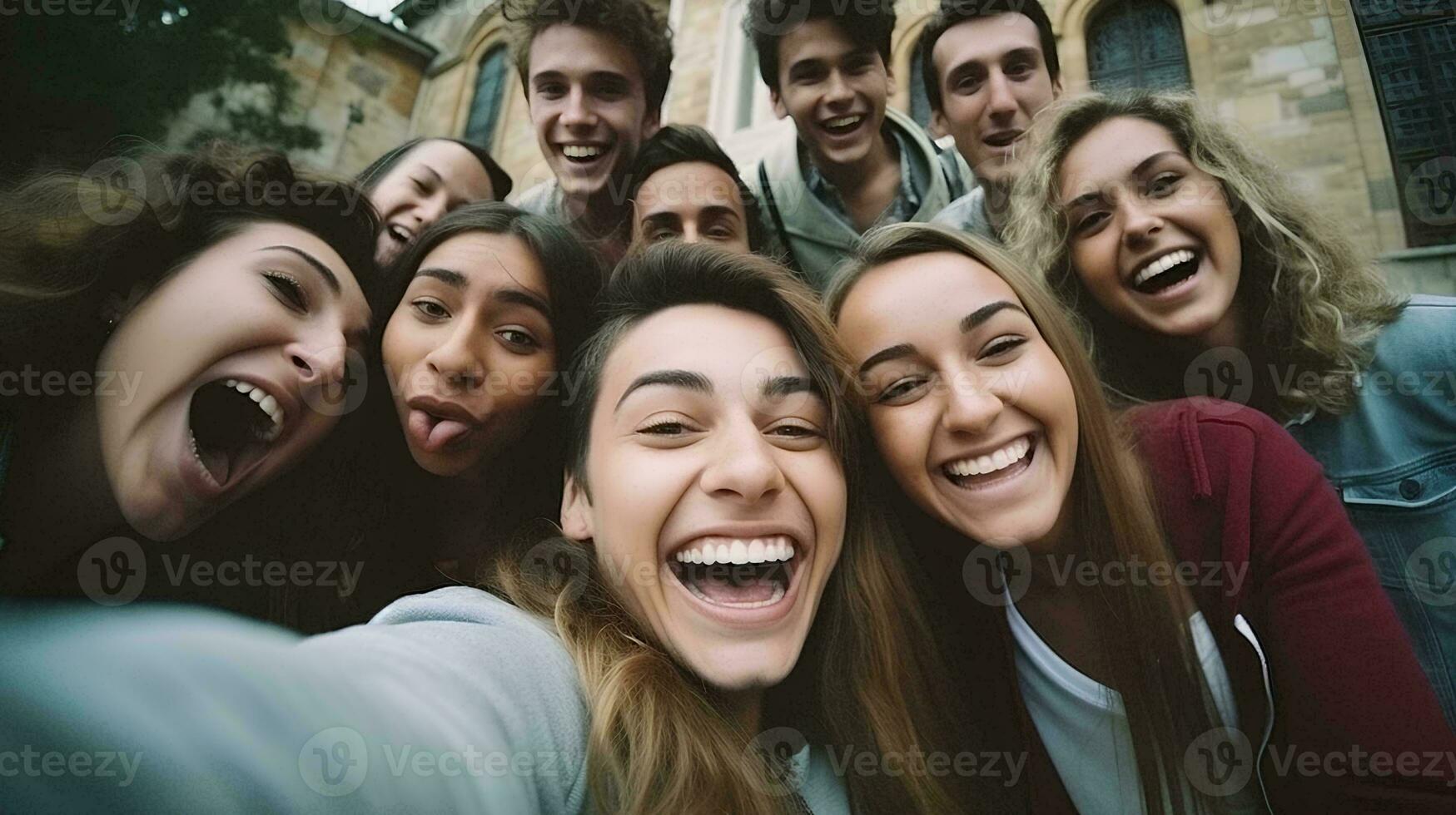 AI generated Young university people laughing together in front of the camera, Group of happy friends having fun taking selfie photos with smart phones