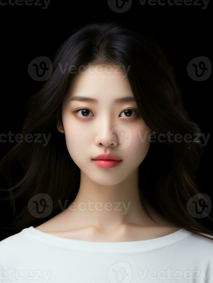 AI generated Close-up portrait of white and clean young Japanese female beauty model, studio photo, isolated black background, AI generative photo