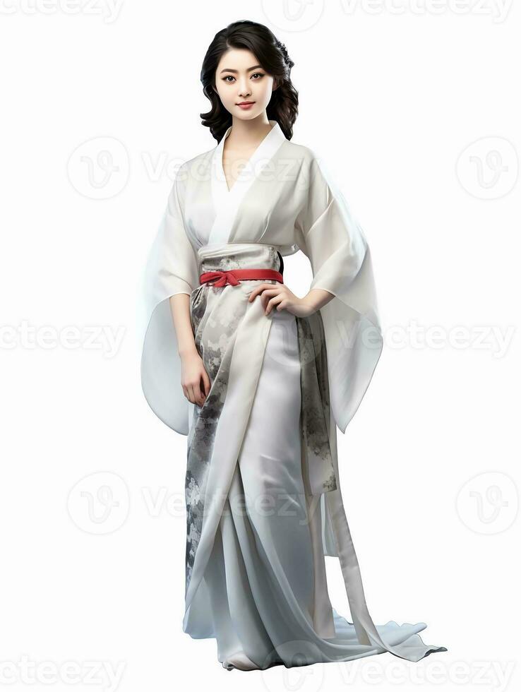 AI generated Portrait of a young Japanese female model wearing a kimono posing gracefully, isolated white background, AI generative photo