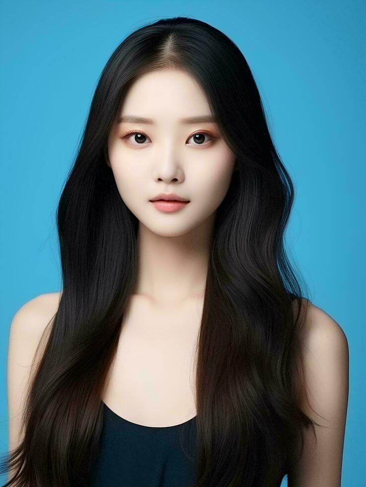 AI generated Young beauty japanese woman long straight hair with Korean style makeup and perfect clean skin on isolated blue background, AI Generative photo