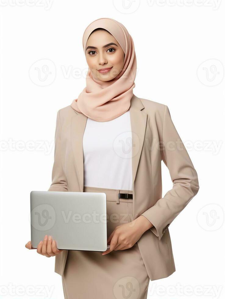 ai generado carrera mujer que lleva ordenador portátil en su mano y vistiendo hiyab, sonriente expresión y teniendo blanco y limpiar dientes, estudio foto, aislado blanco antecedentes foto