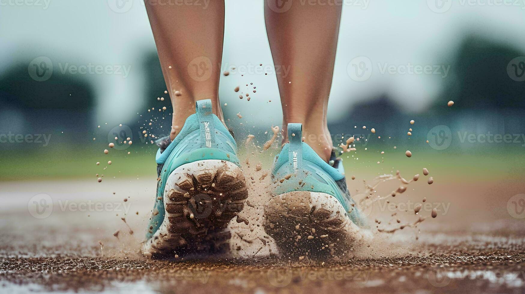 AI generated The back view of a woman's feet in sports shoes jogging on the field when it rains gives the effect of water splashing on the soles of the shoes photo