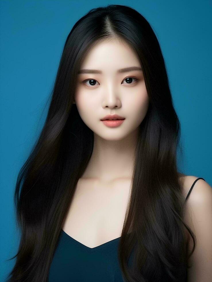 ai generado joven belleza japonés mujer largo Derecho pelo con coreano estilo maquillaje y Perfecto limpiar piel en aislado azul fondo, ai generativo foto