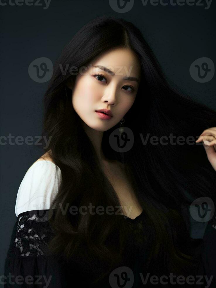 AI generated portrait of beautiful Asian woman with long black hair on isolated background, AI Generative photo