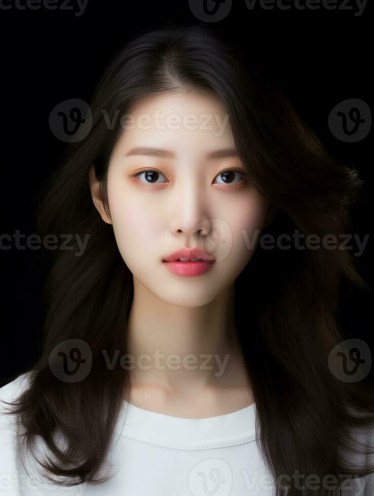AI generated Close-up portrait of white and clean young Japanese female beauty model, studio photo, isolated black background, AI generative photo