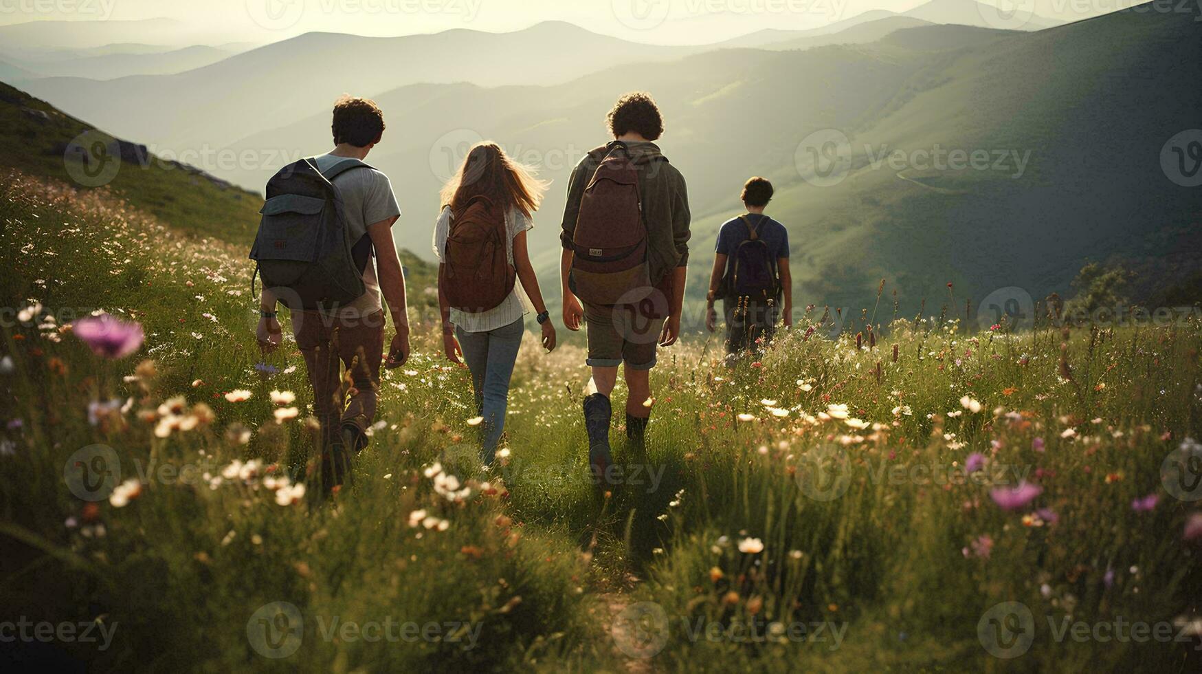 AI generated a group of young people walking together climbing a mountain in summer, walking through the grass and flowers on a beautiful hill, photo taken from behind