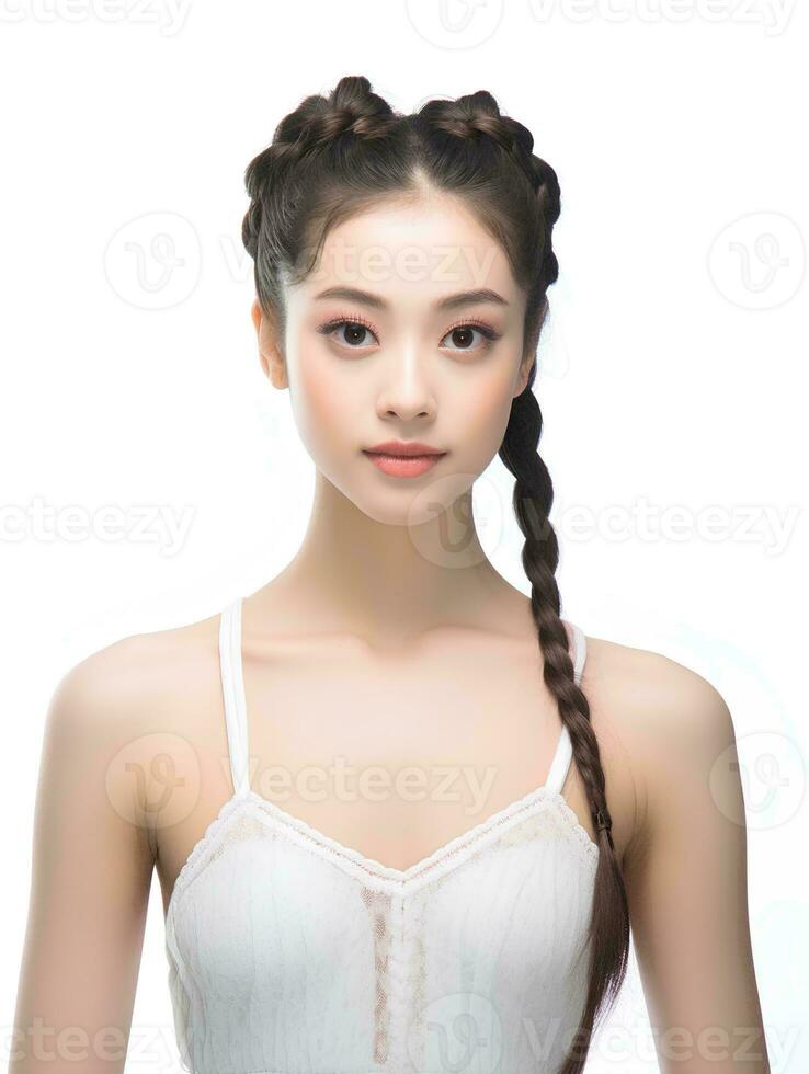 AI generated Portrait of beautiful Japanese woman with braided hair wearing ballet dress, isolated white background, AI Generative photo