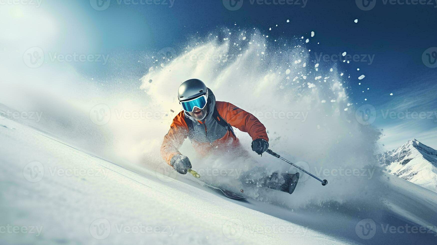 AI generated young man skiing on high snow mountain in winter, sliding down giving snow splash effect photo