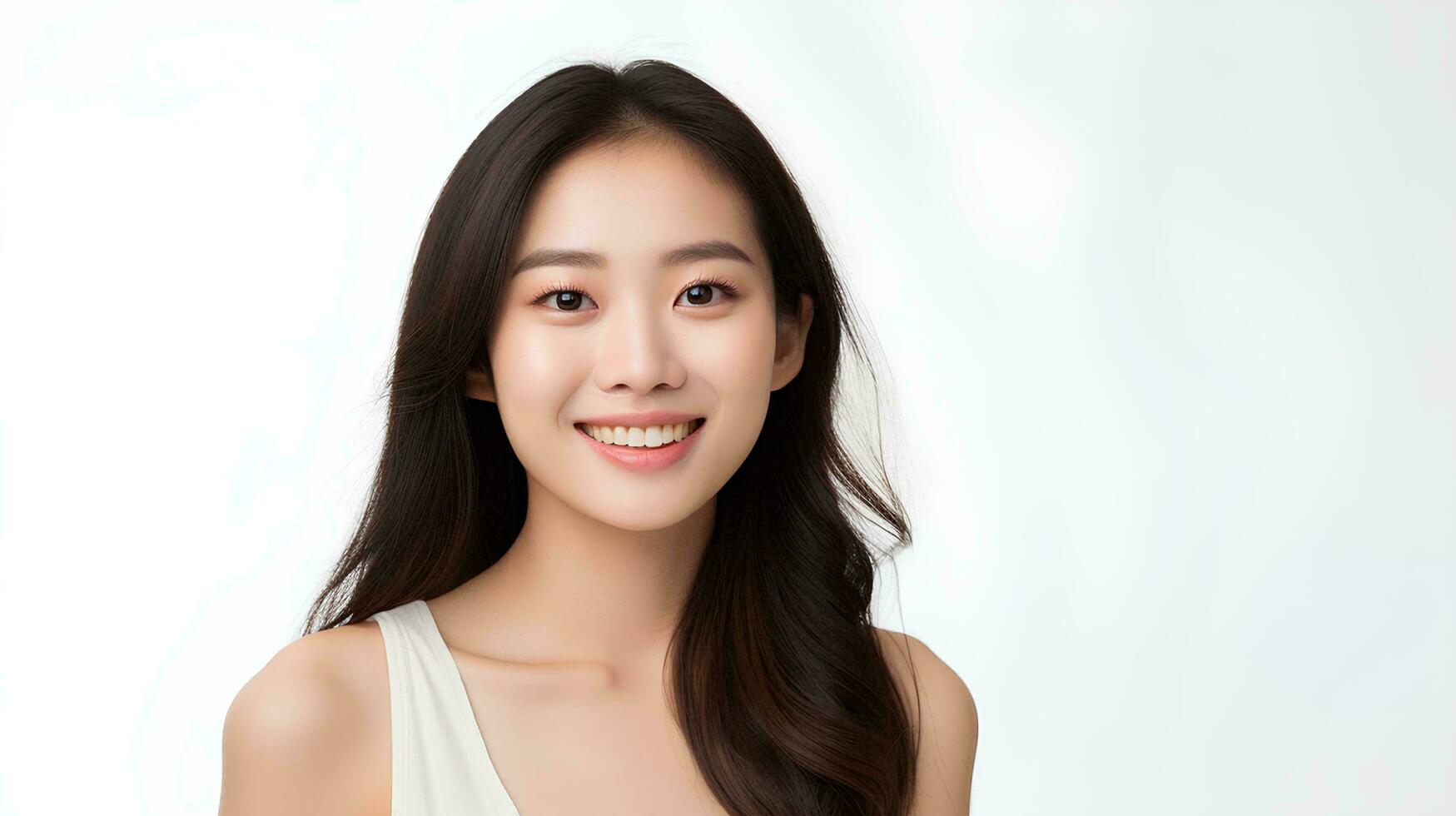 AI generated Professional studio photo of beautiful young white Japanese female model with perfect clean teeth with smiling expression, isolated white background