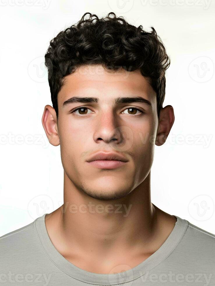 AI generated Portrait of a young man, no facial expression, facing the camera, isolated white background, AI Generative photo