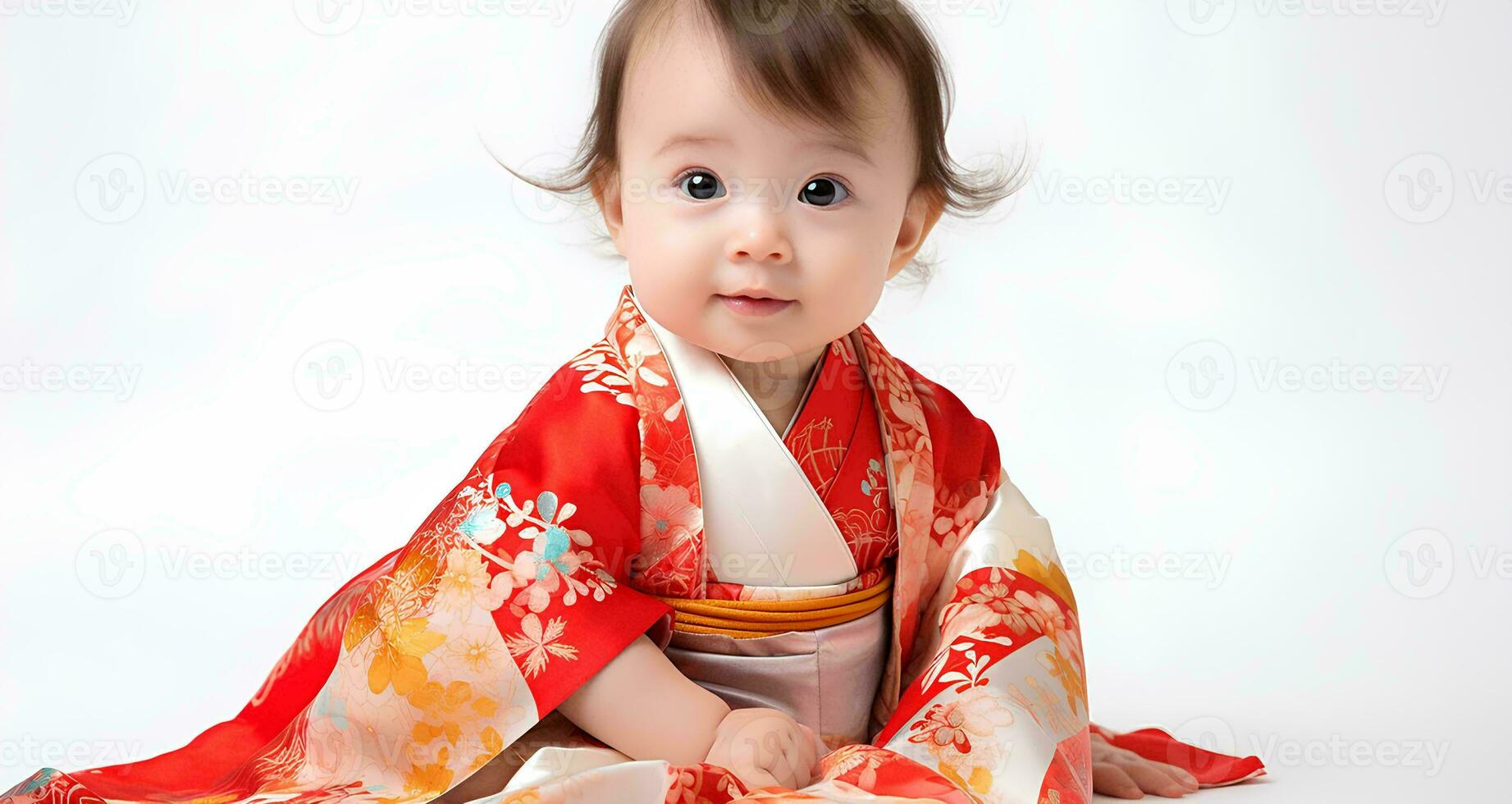 AI generated portrait of Japanese baby girl model wearing cute kimono, 8 month old baby, studio photo, isolated white background, for advertising and web design photo