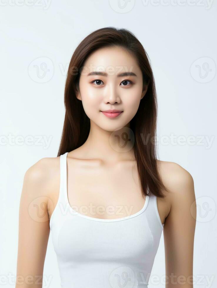 AI generated Portrait of young Asian female beauty model wearing tank top with clean white skin, studio photo, isolated white background, AI Generative photo