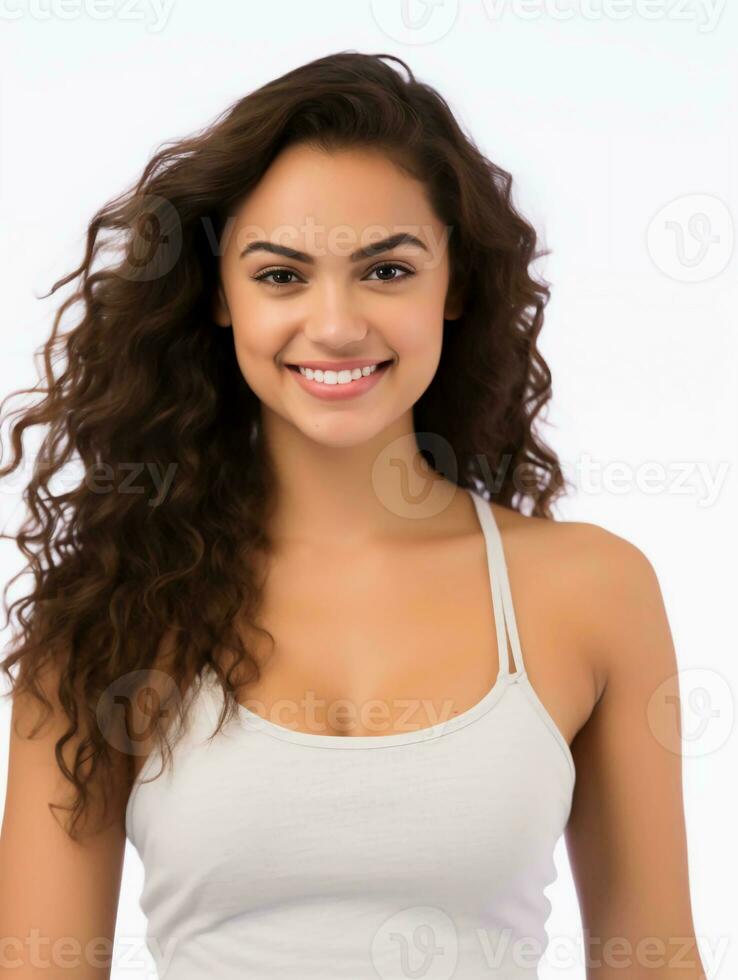 ai generado retrato de un hermosa joven latín mujer con limpiar blanco piel vistiendo un tanque arriba, como un belleza modelo foto, hermosa sonrisa expresión foto
