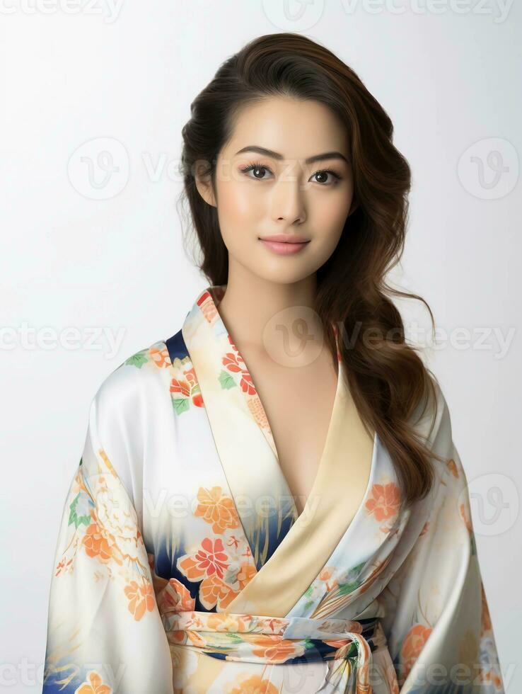 AI generated Portrait of a young Japanese female model wearing a kimono posing gracefully, isolated white background, AI generative photo